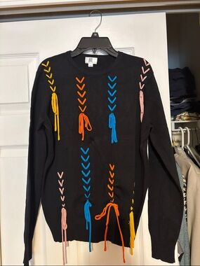 Black Women’s Sweater with Multicolor Embroidered Ties